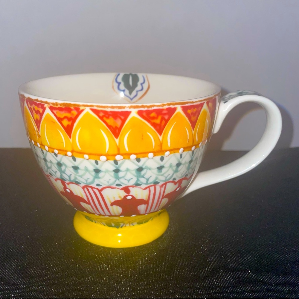 Bohemian 12 oz Coffee Tea Cup Footed BOHO Yellow Green White Blue NWOT MINT